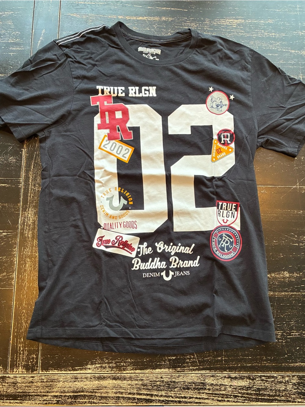 True Religion Black Graphic '02' Logo Short Sleeve Tee size L